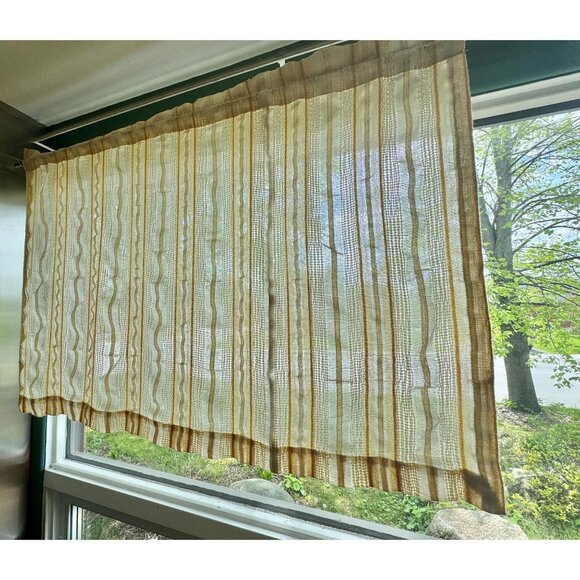 Vintage 70s curtain, beige, tan, orange vertical stripes, rod header panel - Picture 3 of 9